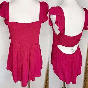 NWT Express Flowy Ruffle Short Sleeve Open Back Smocked Blouse Red Size L $49.90
